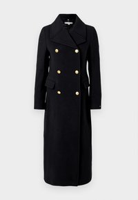 Sort uldfrakke med dobbeltbrystet design, guldknapper, store revers og sidelommer; knælang med en glat tekstur.