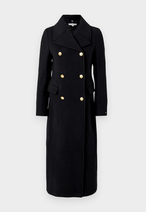 Schwarzer Wollmantel mit doppelt geknöpftem Design, goldenen Knöpfen, großen Revers und Seitentaschen; knielang mit glatter Textur.