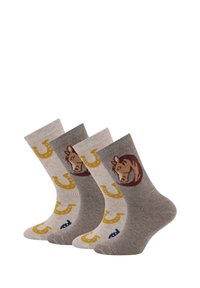 Three pairs of socks: beige with horse and horseshoe designs, gray with horse face, cotton material, ribbed texture, casual style.