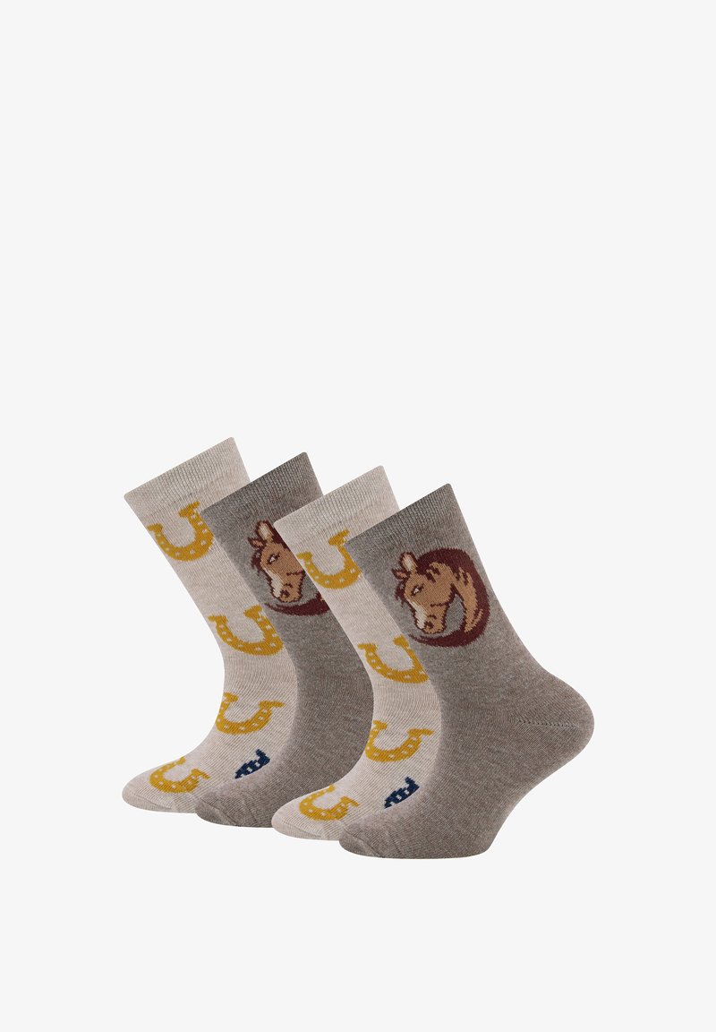 Drei Paar Socken: beige mit Pferde- und Hufeisenmotiven, grau mit Pferdekopf, Baumwollmaterial, gerippte Textur, lässiger Stil.