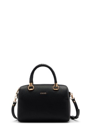 Black structured handbag with a textured finish, braided handles, gold-tone hardware, and a detachable shoulder strap. LIU JO logo featured.