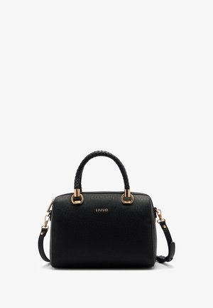 Svart strukturert håndveske med teksturert overflate, flettede håndtak, detaljert i gulltone og avtagbar skulderstropp. LIU JO-logoen er synlig.