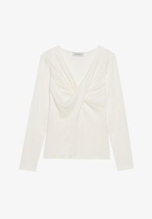 Hvid langærmet top med V-hals og tvistet detalje foran, lavet af glat, strækbart stof for et tætsiddende look.
