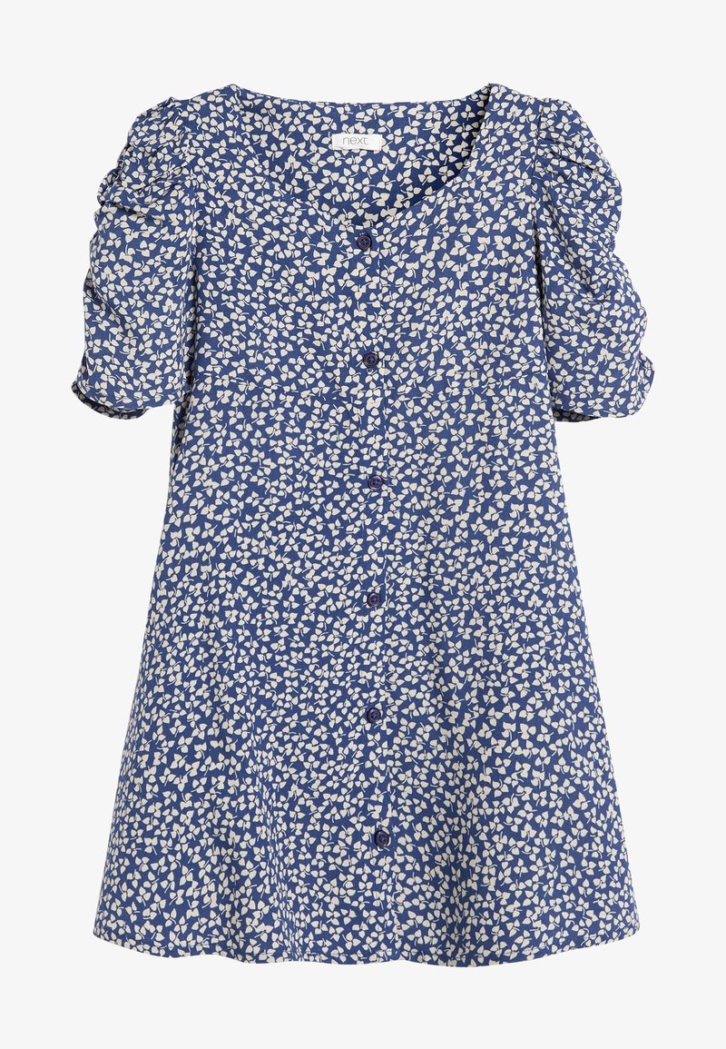 Robe courte bleue avec motif floral blanc, manches courtes bouffantes, boutons à l'avant et encolure dégagée.