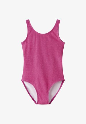 Besiūlis rožinis maudymosi kostiumėlis iš struktūruotos ryškios rožinės medžiagos su apvaliu kaklu ir vidutinio aukščio kojų iškirpimu.