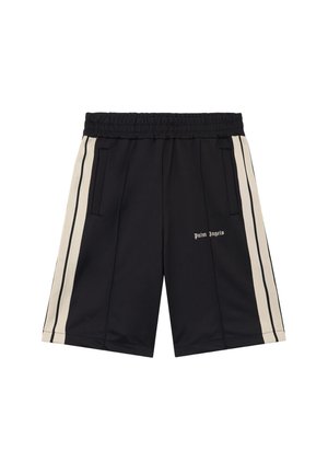 Sorte atletikshorts med beige sidestriber, elastisk linning, forlommer og lille hvid "Palm Angels" tekst på højre ben.