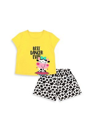 Maglietta gialla per bambino con grafica di mucca che balla e testo "Best Dancer Ever" abbinata a pantaloncini con stampa mucca bianco e nero.