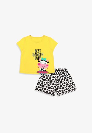 T-shirt jaune pour tout-petit avec un graphisme de vache dansante et le texte « Best Dancer Ever », assorti à un short à imprimé vache noir et blanc.