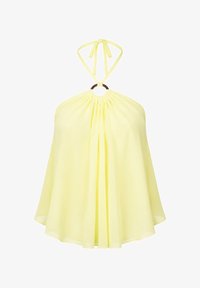 Top de tirantes halter amarillo claro con un frente fruncido, asegurado con un anillo circular en el escote y tirantes atados en la espalda.