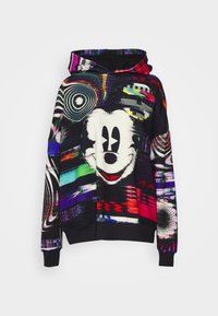 Felpa con motivi astratti digitali multicolori e glitch, che presenta un grande volto distorto di Topolino e forme geometriche su tessuto nero.