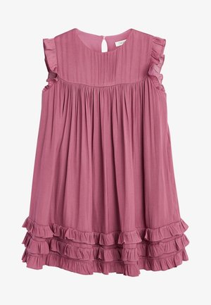 Robe sans manches en rose poussiéreux avec des manches volantées, un buste plissé et des volants superposés au bas.