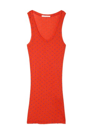 Červené tielko s hlbokým výstrihom a fialovými bodkami. Vyrobené z ľahkej tkaniny, s priliehavým strihom a bez rukávov.