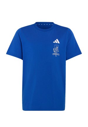 T-shirt bleu à manches courtes avec logo Adidas blanc et personnage pixelisé de Minecraft tenant une épée sur le devant gauche de la poitrine.