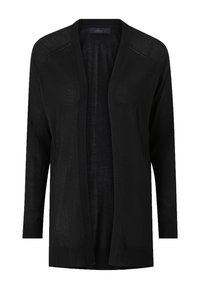 Zwarte cardigan met lange mouwen, open voorkant, geribbelde manchetten en zoom, en een lichte, gestructureerde stof.