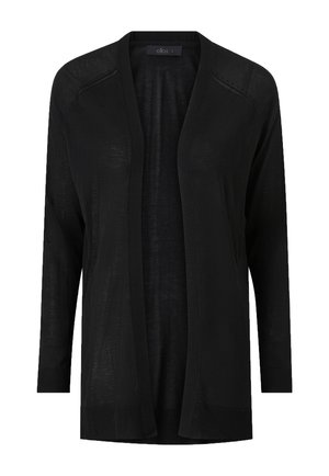 Sort cardigan med lange ærmer, åben frontdesign, ribbede manchetter og kant, samt et let, tekstureret stof.