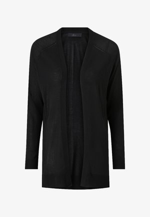 Sort cardigan med lange ærmer, åben frontdesign, ribbede manchetter og kant, samt et let, tekstureret stof.
