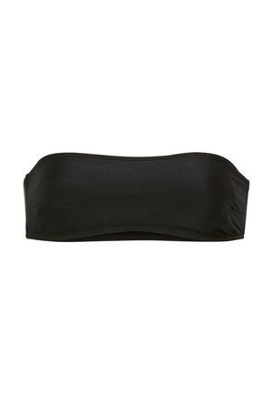 Zwarte bandeau bikini top gemaakt van gladde stof met een naadloos ontwerp. Heeft een gebogen halslijn en een geraffineerde achterkant voor comfort.