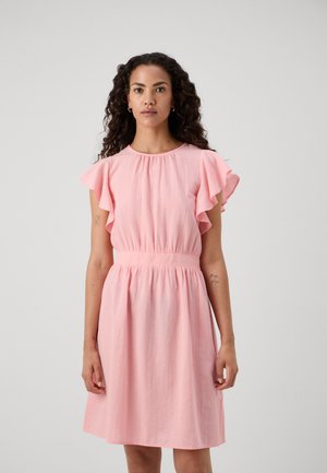 Pink cotton dress with short ruffled sleeves, a rounded neckline, and an elastic waist, featuring a flowing A-line silhouette.