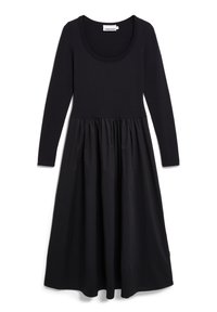 Schwarzes Kleid mit einem runden Ausschnitt und langen Ärmeln; taillierter Oberteil mit einem gerafften Rock; aus einem glatten, leichten Stoff gefertigt.