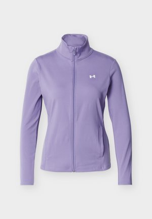 Purple full-zip athletic jacket with high collar, long sleeves, side pockets, and Under Armour logo on the chest.