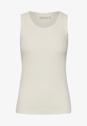 Biely rebrovaný tielko s okrúhlym výstrihom a bezrukávovým dizajnom. Hladká textúra a priliehavý strih, vhodné na vrstvenie.