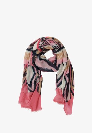 Mehrfarbiges, leichtes Halstuch mit geometrischem und Tierdruckmuster. Die Farben umfassen Pink, Schwarz und Creme mit Fransen an den Rändern.