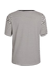 Čierne a biele pruhované tričko s krátkym rukávom, okrúhlym výstrihom a voľným strihom, s hladkou textúrou a rovnými švami.