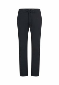 Mørk marineblå bukser lavet af et glat stof. Har knaplukning, justerbar snøre i taljen og lige ben.