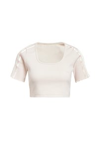 Krátký rukáv, crop top z měkké, světle růžové žebrované látky se čtvercovým výstřihem a tenkými pruhy na ramenou.