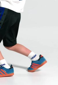 Zili zamšaini sporta apavi ar sarkanām svītrām, melniem akcentiem un oranžiem gumijas zoliem. Valkāti ar baltām zeķēm, kurām ir zils zīmola logo. Īsi melni šorti.