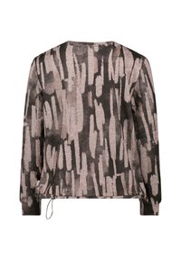 Langarm, strukturiertes Sweater in Schwarz und Hellrosa, mit einem abstrakten Muster, runder Ausschnitt und verstellbarem Saum.