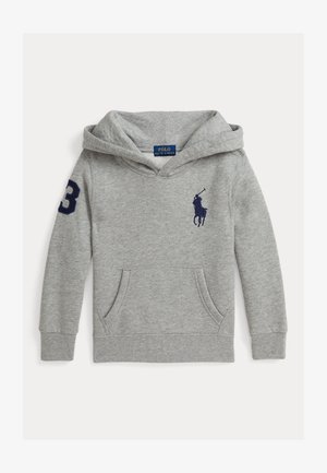Sweatshirt cinza feito de mistura de algodão, com um bolso canguru frontal, logo bordado em azul-marinho e o número 3 na manga esquerda.