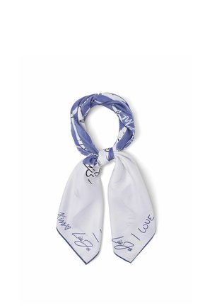 Svilošal z vozlom v obliki zanke, z belimi in modrimi odseki, okrašen z abstraktnimi črtami in pisavnim besedilom s temami ljubezni.