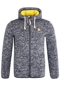 Mörkblå hoodie med strukturerad stickad tyg, gul foder, dragsko, sidofickor med dragkedja och logodetalj på bröstet.