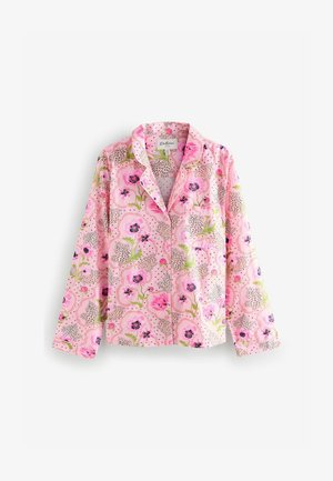 Roza pidžama s cvetličnim vzorcem v vijolični, zeleni in črni barvi, z izrezanim ovratnikom in gumbom. Narejena iz mehkega materiala.