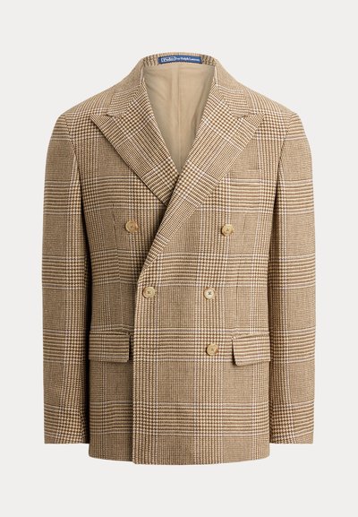 Blazer da uomo doppiopetto a quadri marroni con rever a punta, chiusura con bottoni e tasche frontali con patta.