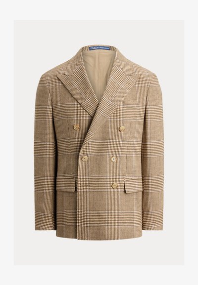 Blazer da uomo doppiopetto a quadri marroni con rever a punta, chiusura con bottoni e tasche frontali con patta.