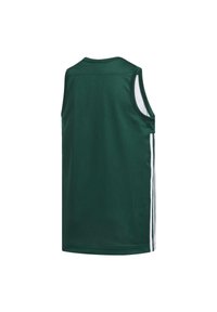 Camisa deportiva verde con diseño sin mangas, hecha de material transpirable, con franjas laterales blancas y un cuello redondeado.