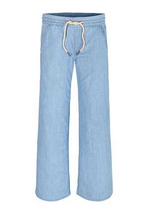 Helle blaue weit geschnittene Hose aus weicher Baumwolle. Sie hat einen elastischen Bund mit einem Kordelzug und zwei seitlichen Taschen.