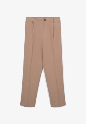 Pantalons beiges à coupe décontractée, avec des plis avant, une ceinture élastique, une fermeture à bouton unique et des jambes droites.