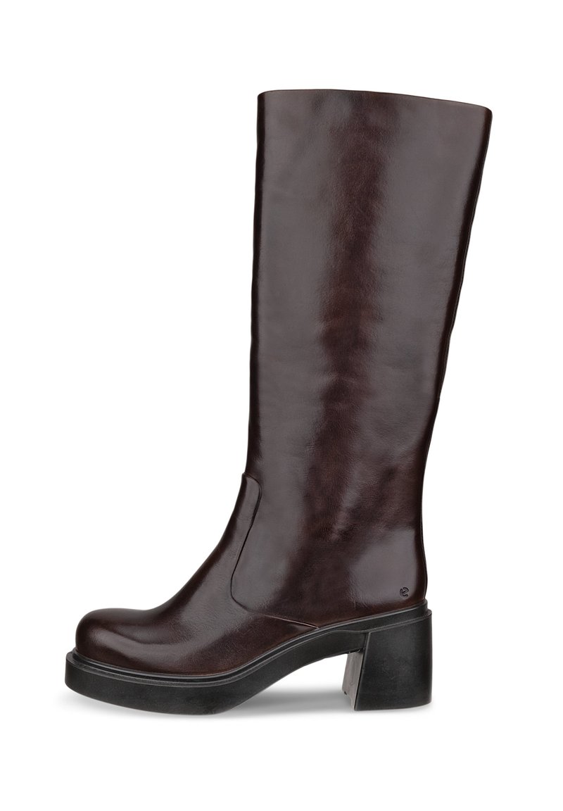 Brown knee-high boot with a sleek design, chunky heel, and smooth leather finish, displayed against a white background.