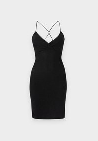 Rochie bodycon neagră, cu bretele subțiri, încrucișate, de tip spaghetti, decolteu în V și material neted, ușor lucios. Croi până la genunchi.