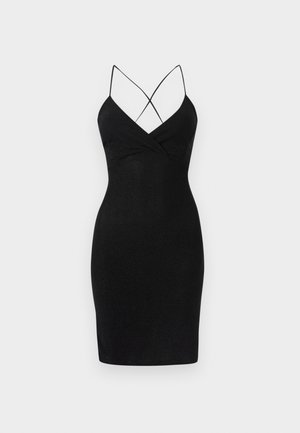 Črna obleka bodycon z tankimi križnimi naramnicami, V-izrezom in gladkim, rahlo sijočim materialom. Dolžina do kolen.