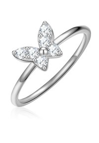 Sudraba tauriņa gredzens ar pulētu joslu, rotāts ar pieciem apaļiem dimantiem un centrālu sudraba pērlīti detaļām.