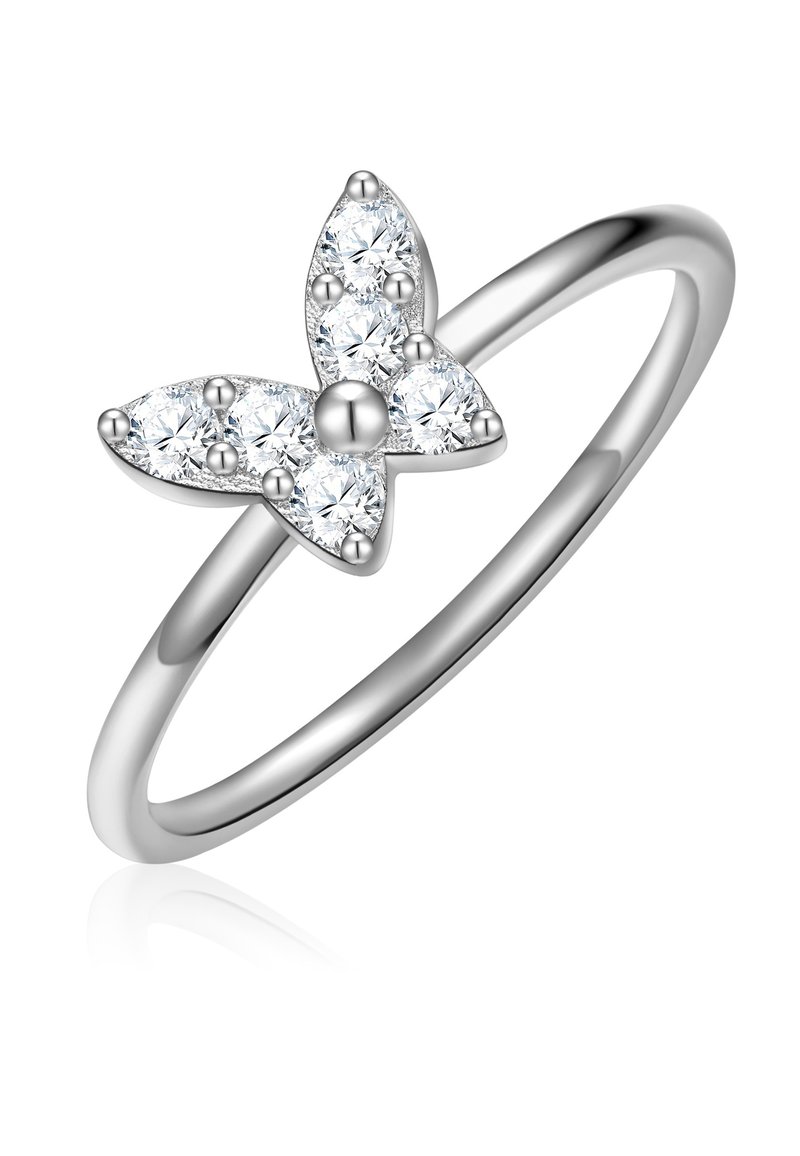 Sudraba tauriņa gredzens ar pulētu joslu, rotāts ar pieciem apaļiem dimantiem un centrālu sudraba pērlīti detaļām.