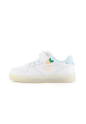 White sneaker with light blue accents, smooth synthetic material, round toe, lace-up design, and a small green strawberry charm detail.