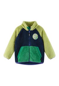 Fleece bunda s vysokým golierom. Obsahuje segmenty v svetlozelené, tmavomodrej a zelenej farbe. Zatváranie na zips a výšivka loga.