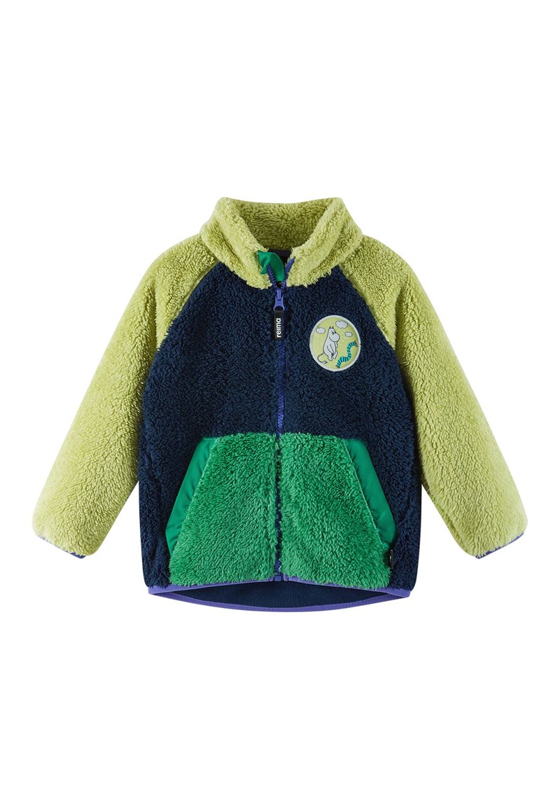 Fleece bunda s vysokým golierom. Obsahuje segmenty v svetlozelené, tmavomodrej a zelenej farbe. Zatváranie na zips a výšivka loga.