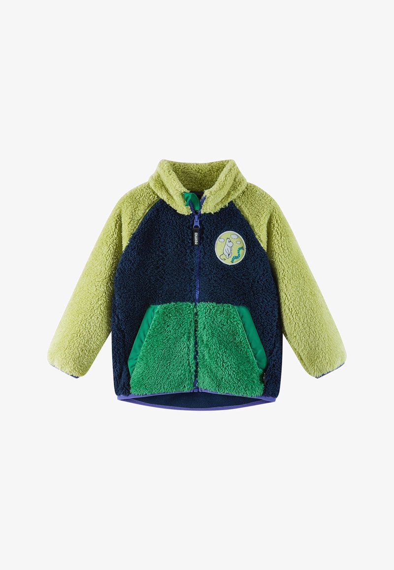 Fleecejacke mit hohem Kragen. Verfügbar in Segmenten in Hellgrün, Dunkelblau und Grün. Mit Reißverschluss und gesticktem Logo.
