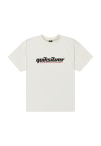 Kremfarget t-skjorte laget av bomull har korte ermer og rund hals. Forsiden viser "quiksilver BOARDRIDING COMPANY" logo i svart og rødt.